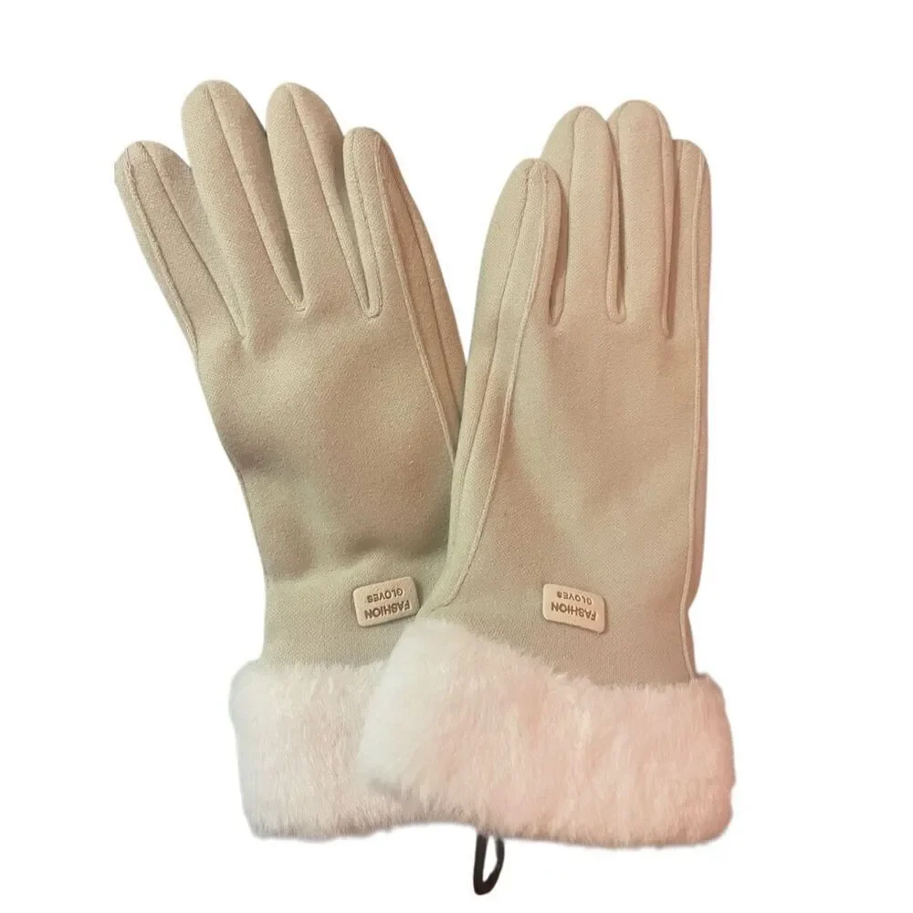 Women’s Beige Thermal Winter Gloves Faux Fur Cuff Touchscreen Compatible